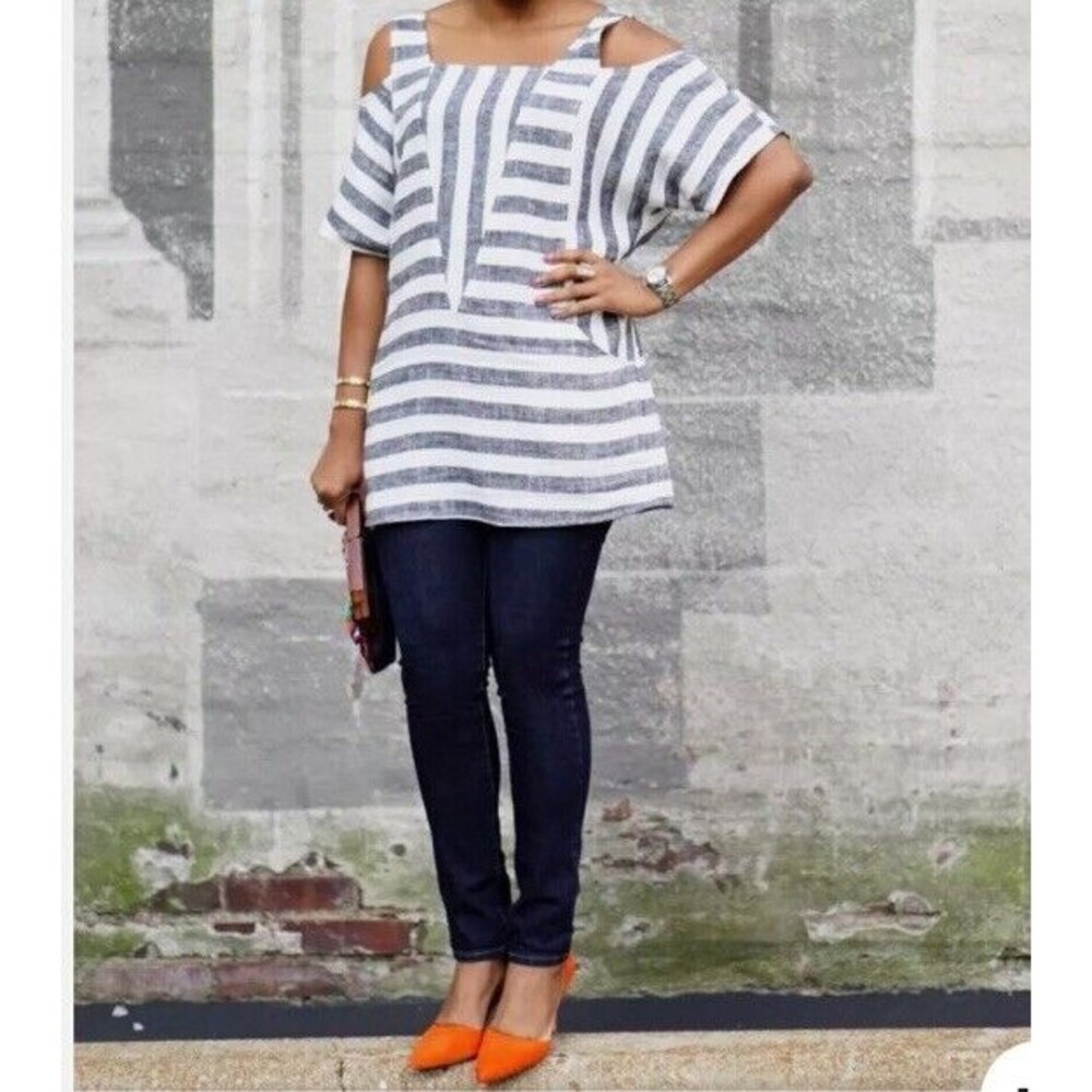 Soft Surroundings Women's Sunset Striped Cold Shoulder Linen Tunic Top Medium - Picture 2 of 16